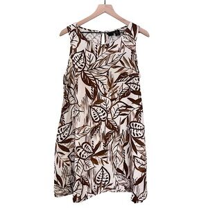Tahari Linen Sleeveless Leaf Pattern Midi Dress‎ Brown White Women’s Size Large